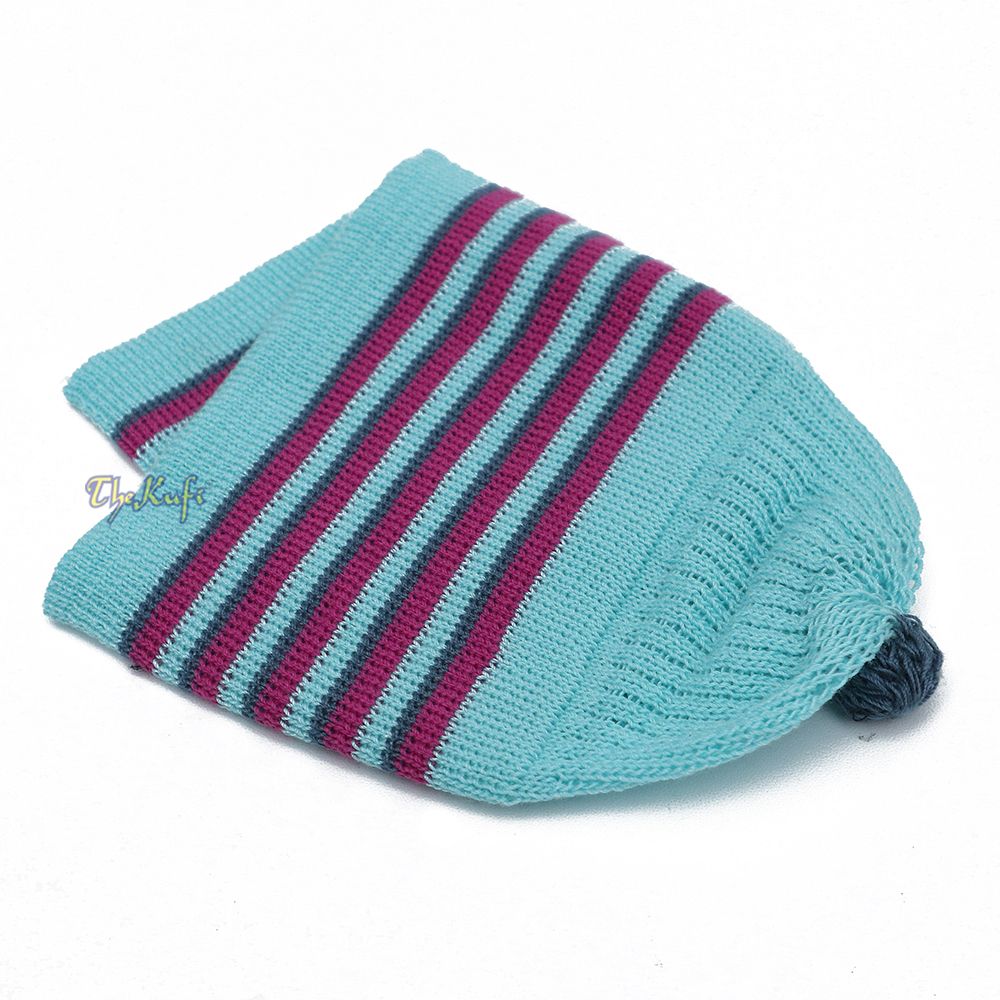 Light Turquoise Blue with Light Maroon and Dark Green Lines Baby Or Infant Kufi Pompom Stretchable Beanie