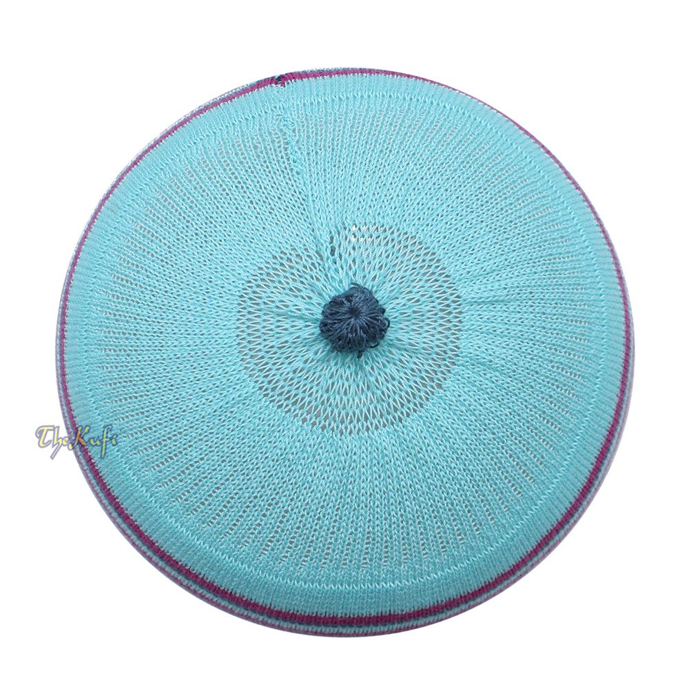 Light Turquoise Blue with Light Maroon and Dark Green Lines Baby Or Infant Kufi Pompom Stretchable Beanie