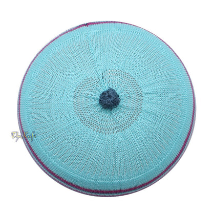 Light Turquoise Blue with Light Maroon and Dark Green Lines Baby Or Infant Kufi Pompom Stretchable Beanie