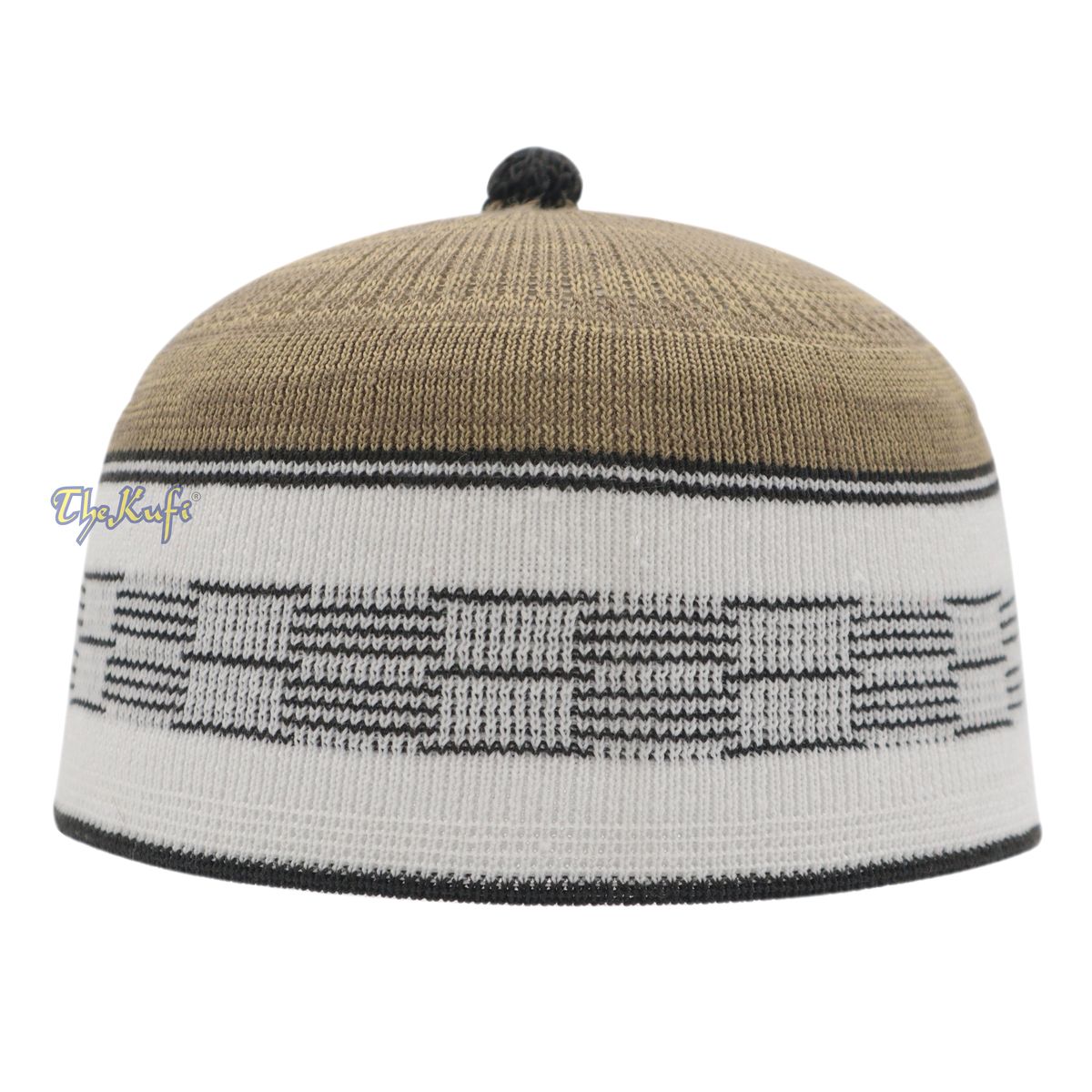 Tan with White & Black Lines Baby Or Infant Kufi Pompom Beanie