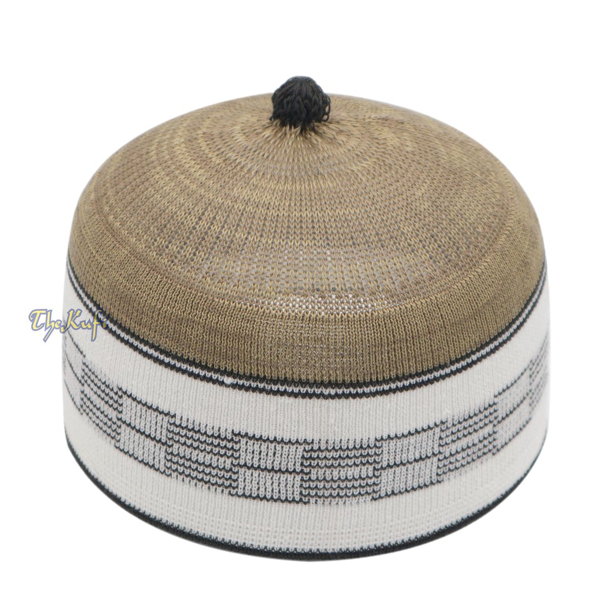 Tan with White & Black Lines Baby Or Infant Kufi Pompom Beanie