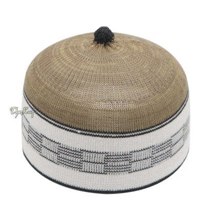 Tan with White & Black Lines Baby Or Infant Kufi Pompom Beanie