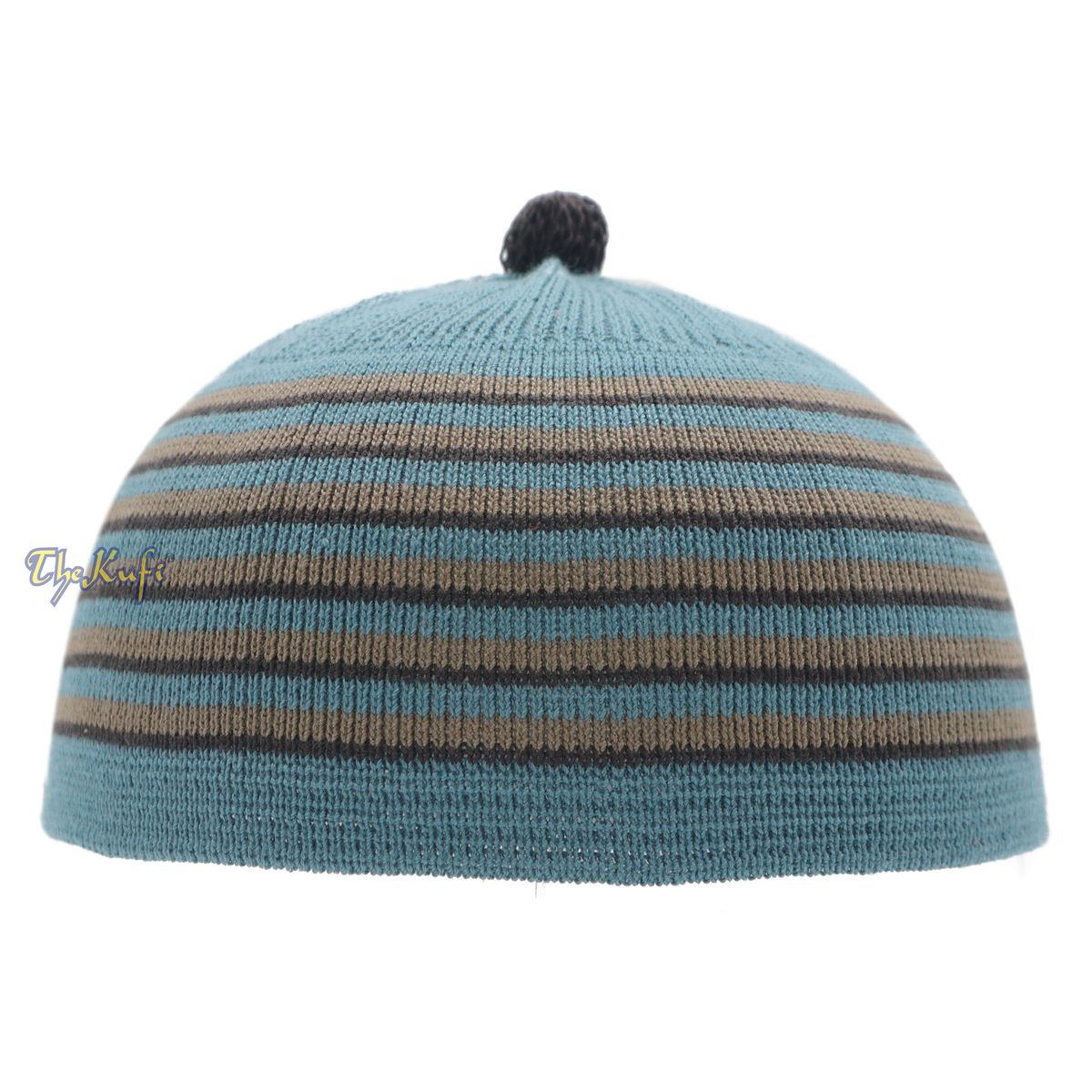 Dark Teal with Brown & Black Lines Baby Or Infant Kufi Pompom Beanie