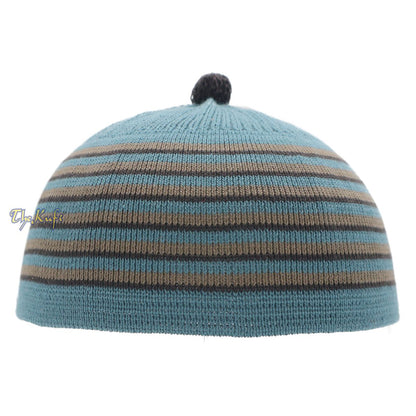 Dark Teal with Brown & Black Lines Baby Or Infant Kufi Pompom Beanie