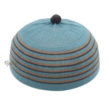 Dark Teal with Brown & Black Lines Baby Or Infant Kufi Pompom Beanie