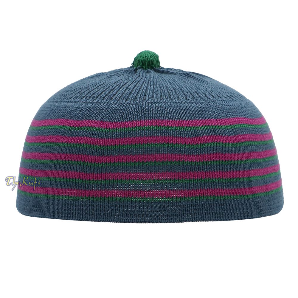 Dark Gray with Hot Pink and Green Lines Baby Or Infant Kufi Pompom Stretchable Beanie
