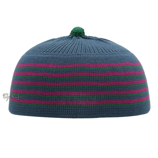 Dark Gray with Hot Pink and Green Lines Baby Or Infant Kufi Pompom Stretchable Beanie