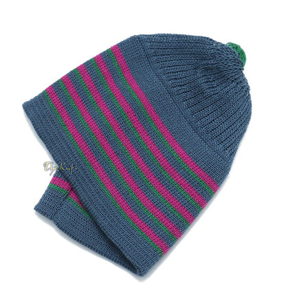Dark Gray with Hot Pink and Green Lines Baby Or Infant Kufi Pompom Stretchable Beanie