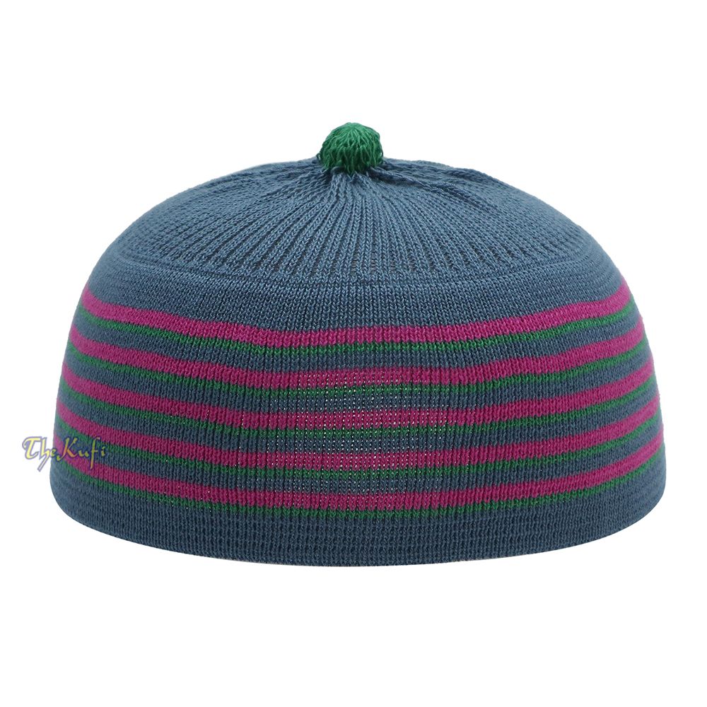 Dark Gray with Hot Pink and Green Lines Baby Or Infant Kufi Pompom Stretchable Beanie