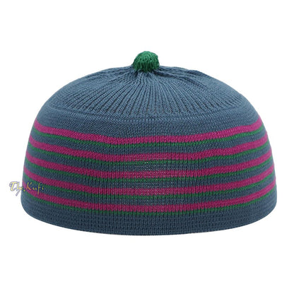 Dark Gray with Hot Pink and Green Lines Baby Or Infant Kufi Pompom Stretchable Beanie