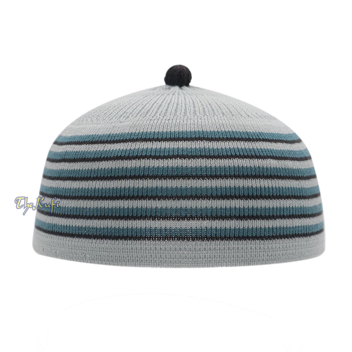 Light Gray with Turquoise and Black Lines Baby/Infant Kufi Pompom Beanie