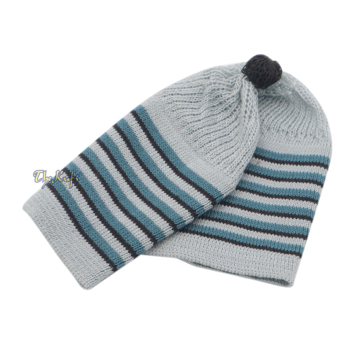 Light Gray with Turquoise and Black Lines Baby/Infant Kufi Pompom Beanie