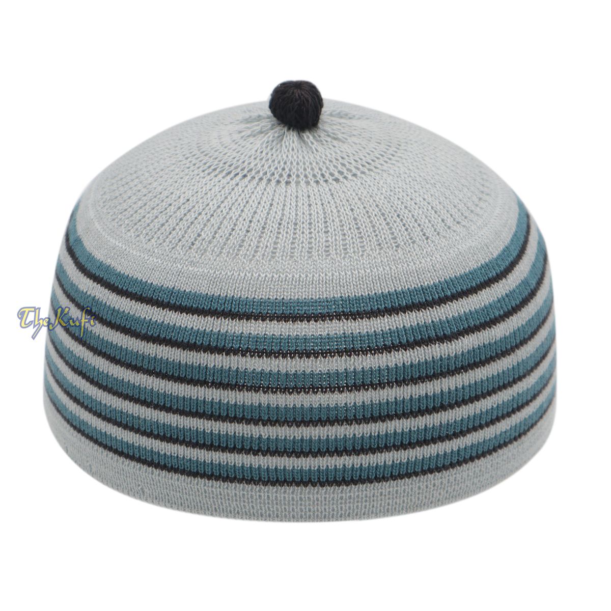 Light Gray with Turquoise and Black Lines Baby/Infant Kufi Pompom Beanie