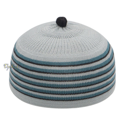 Light Gray with Turquoise and Black Lines Baby/Infant Kufi Pompom Beanie