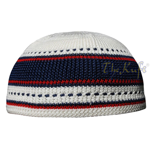 Kids Small Red, Dark Blue and Cream Cotton Stretch Kufi Skull Cap