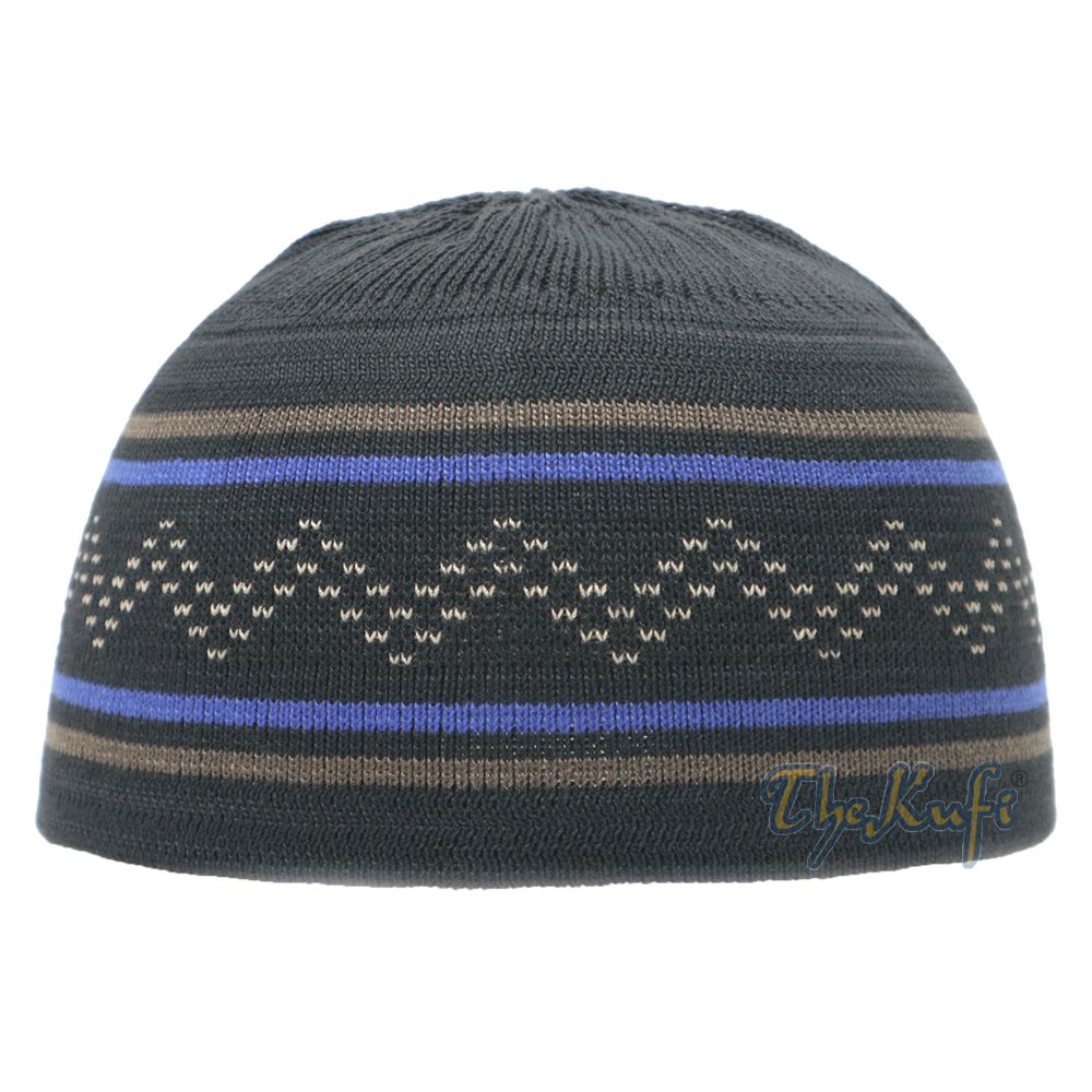 Dark Blue Brown Stripe Stretch-Knit Zigzag Kufi Hat Skull Cap Beanie