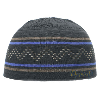 Dark Blue Brown Stripe Stretch-Knit Zigzag Kufi Hat Skull Cap Beanie
