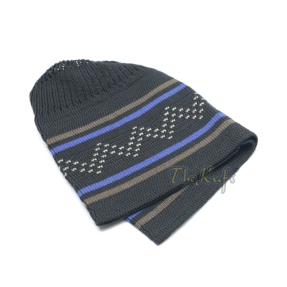 Dark Blue Brown Stripe Stretch-Knit Zigzag Kufi Hat Skull Cap Beanie