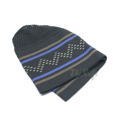 Dark Blue Brown Stripe Stretch-Knit Zigzag Kufi Hat Skull Cap Beanie