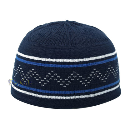 Dark Blue White Stripe Stretch-Knit Zigzag Kufi Hat Skull Cap Beanie