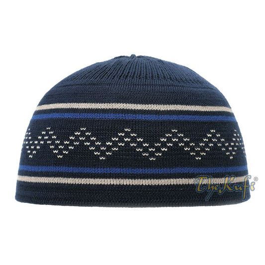 Dark Blue Gray Stripe Stretch-Knit Zigzag Kufi Hat Skull Cap Beanie