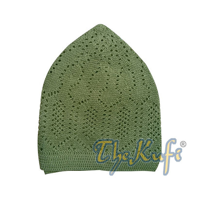 Kids Olive Green Machine Knit Open-Work Turkish Kufi Cap