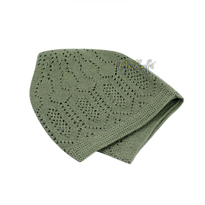 Kids Olive Green Machine Knit Open-Work Turkish Kufi Cap