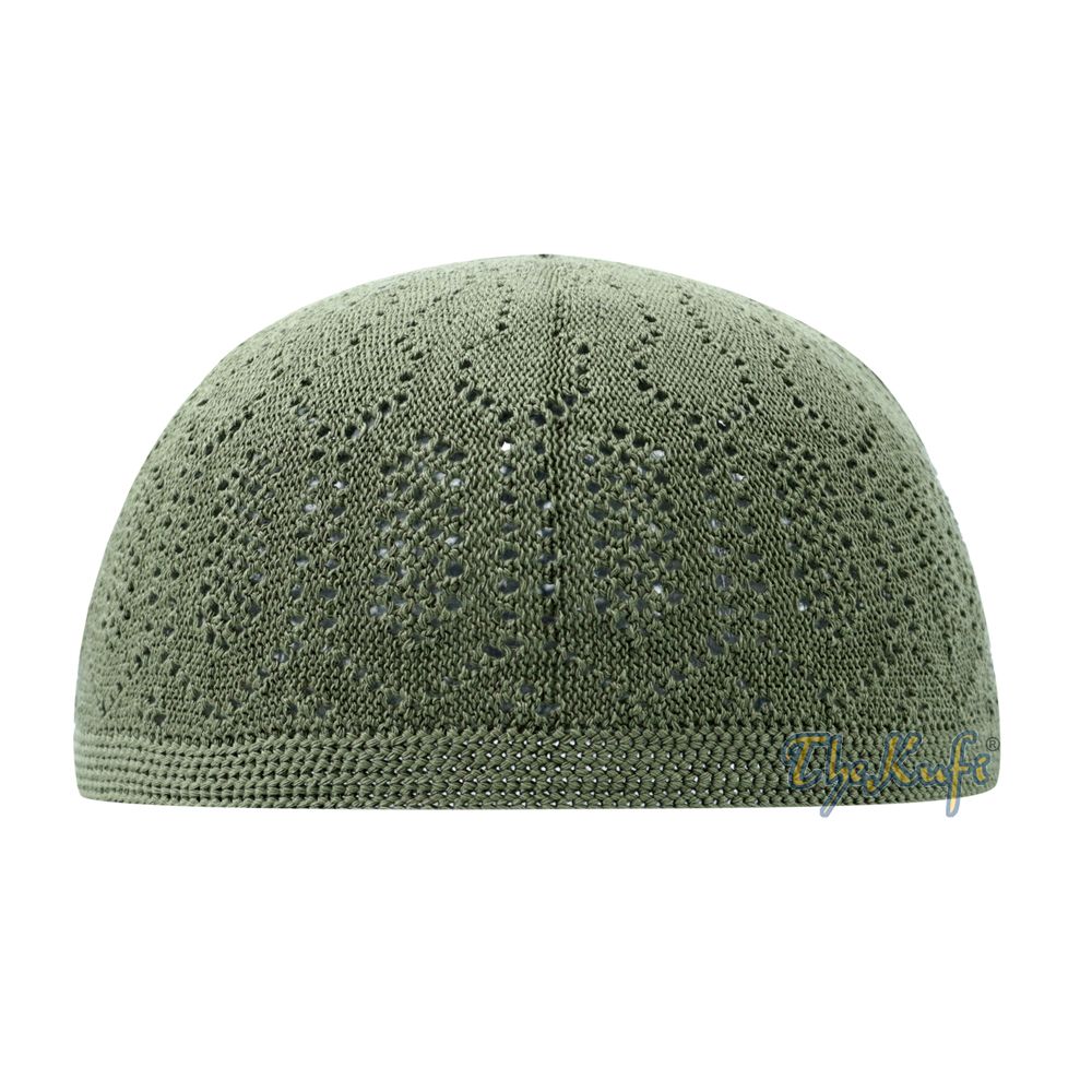 Olive Green Machine Knit Open-Work Turkish Kufi Cap