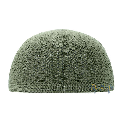 Olive Green Machine Knit Open-Work Turkish Kufi Cap