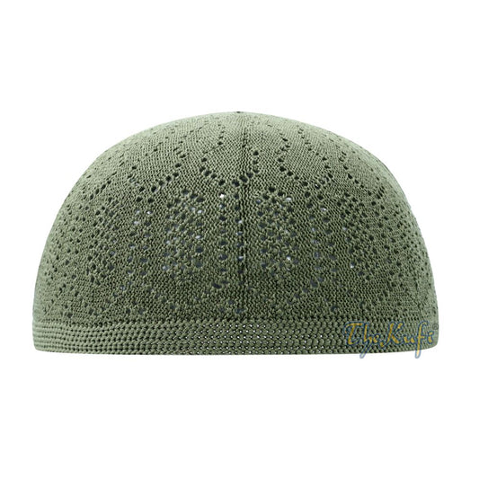 Olive Green Machine Knit Open-Work Turkish Kufi Cap