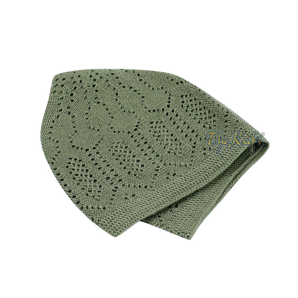Olive Green Machine Knit Open-Work Turkish Kufi Cap