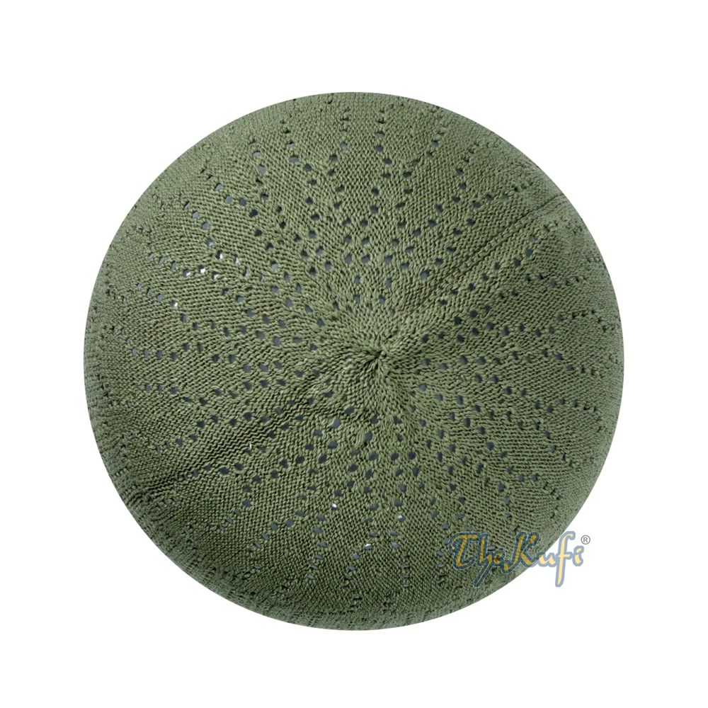 Olive Green Machine Knit Open-Work Turkish Kufi Cap