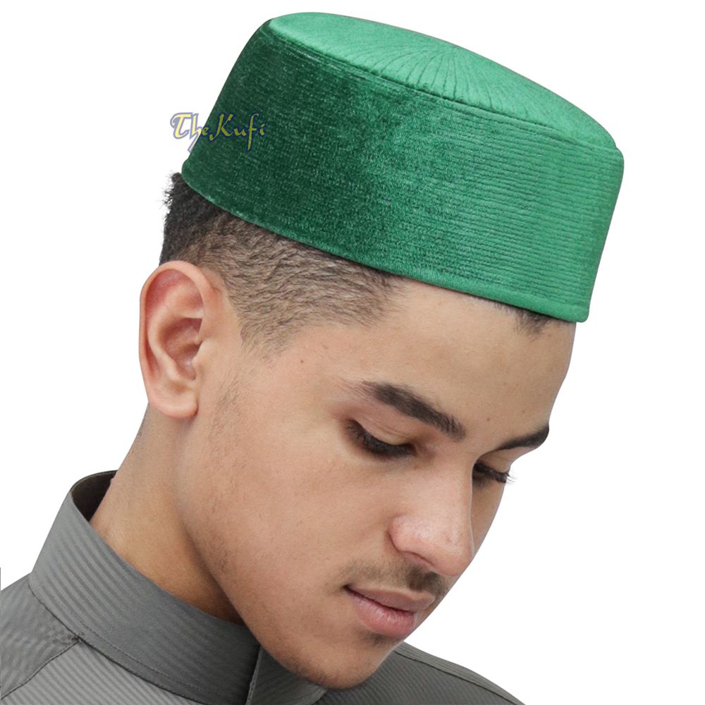 Premium Medina Green Rigid Velvet Turkish Chechen Style Kufi Hat