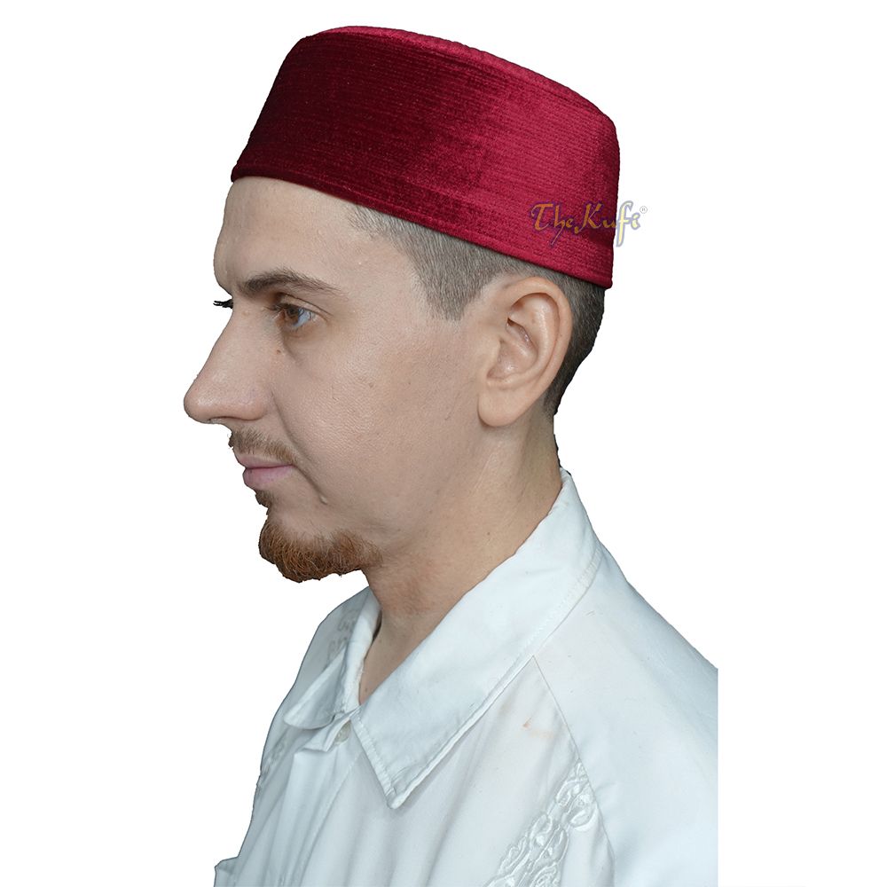 Premium Maroon Velvet Turkish Chechen Style Rigid Islamic Kufi Hat