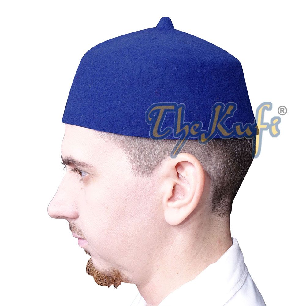 Blue Felt Wool Fez Hat with Tip Kufi Prayer Cap