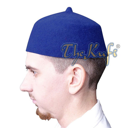 Blue Felt Wool Fez Hat with Tip Kufi Prayer Cap