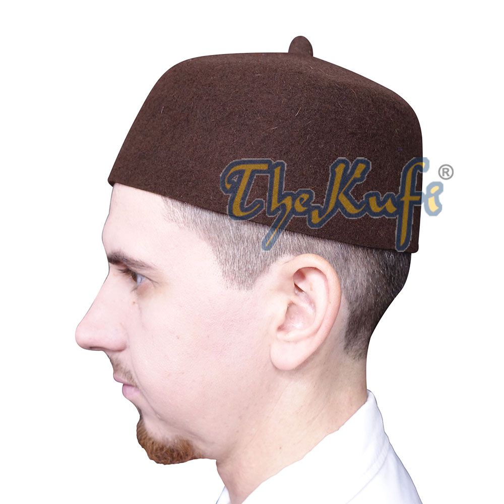 Dark Brown Felt Wool Fez Hat with Tip Kufi Prayer Cap
