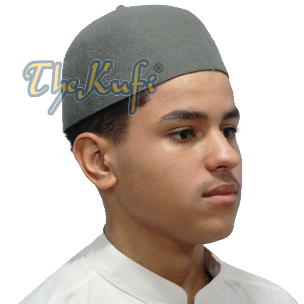 Gray Felt Wool Fez Hat with Tip Kufi Prayer Cap