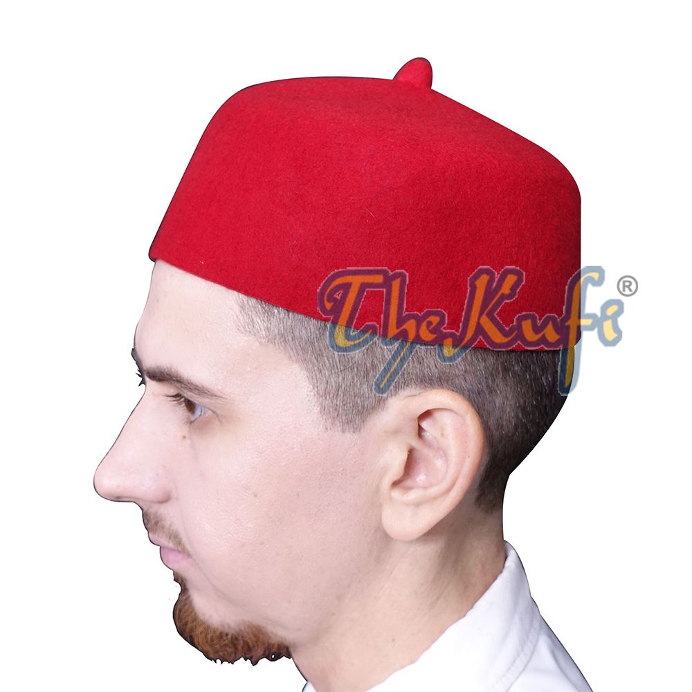 Red Felt Wool Fez Hat with Tip Kufi Prayer Cap
