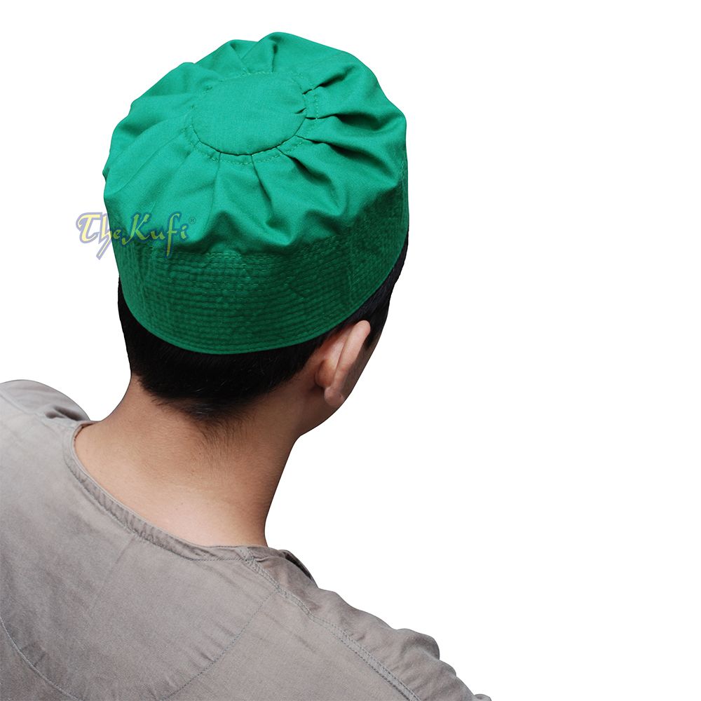 Green Ijazi Muslim Kufi – Pleated-Top Cotton-Mix Fabric Islamic Hat