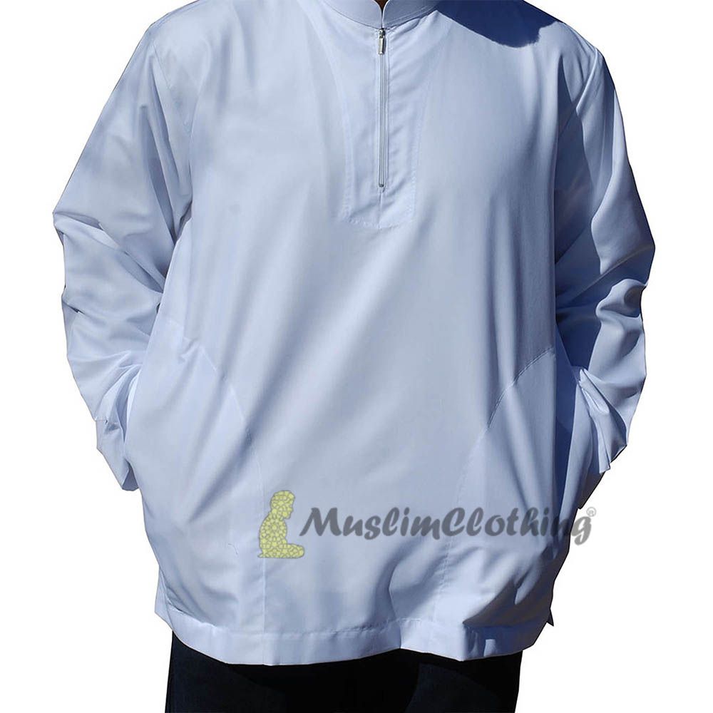 Long Sleeved White Men’s Shirt with Zipper Clothing Islamic