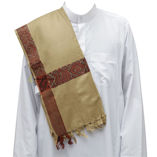 Dark Khaki Rust Brown Border Yemeni Habaib Faux Cashmere Sorban Scarf Turban with Design