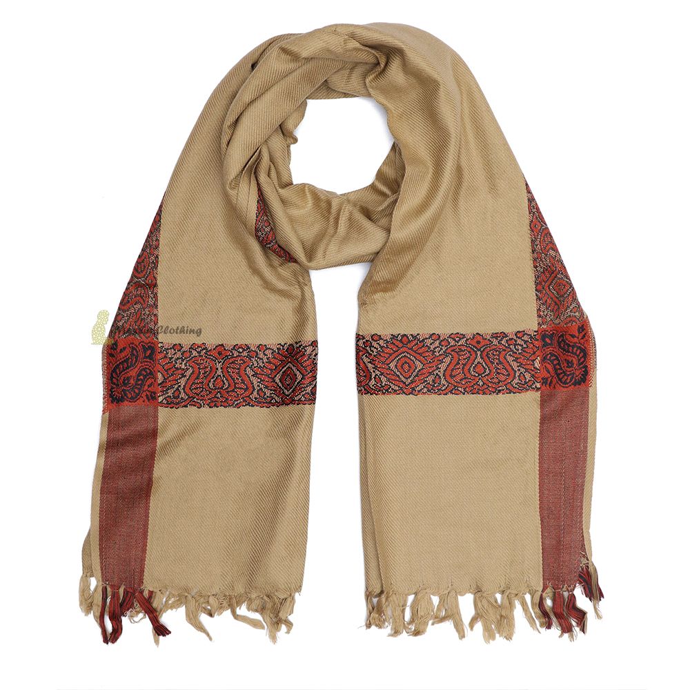 Dark Khaki Rust Brown Border Yemeni Habaib Faux Cashmere Sorban Scarf Turban with Design