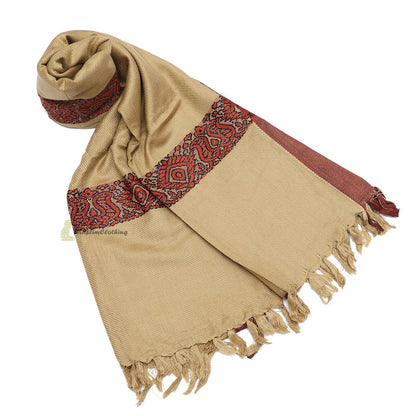 Dark Khaki Rust Brown Border Yemeni Habaib Faux Cashmere Sorban Scarf Turban with Design