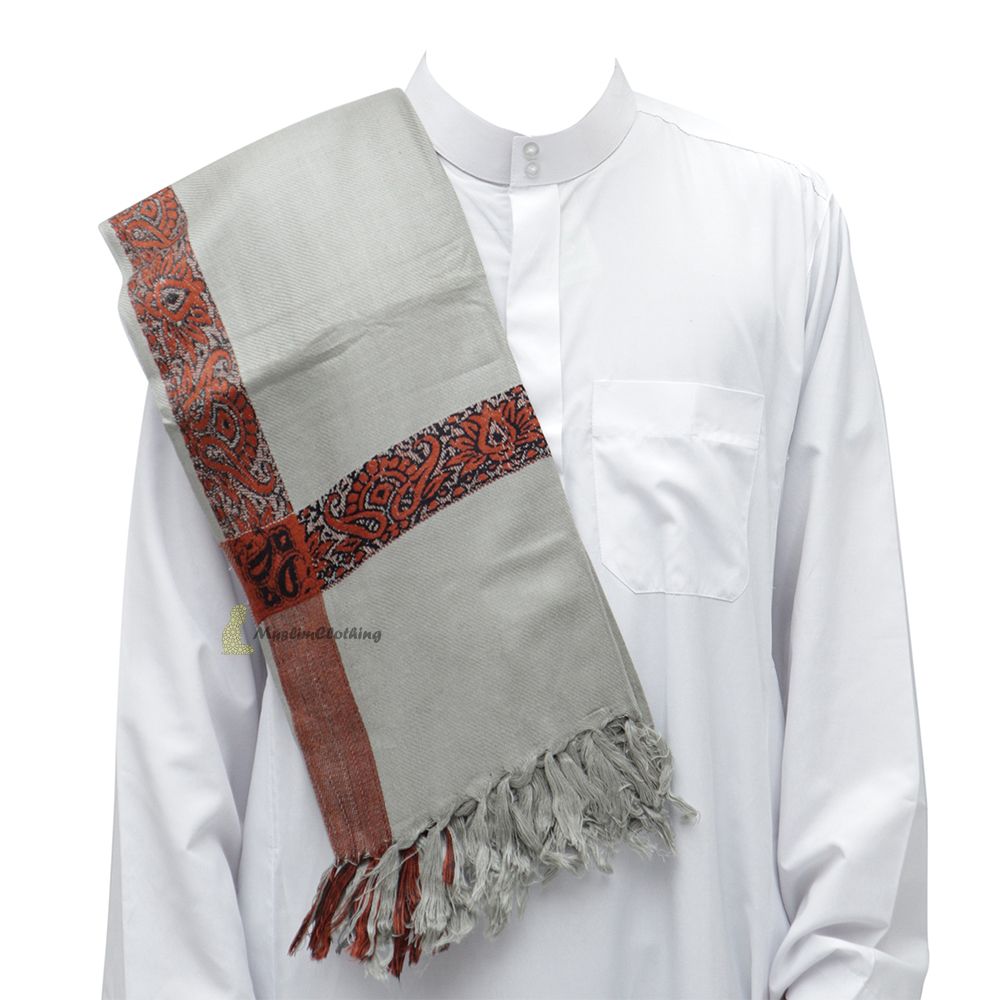 Gray Rust Brown Edge Habaib Sorban Scarf Faux Cashmere Turban with Design