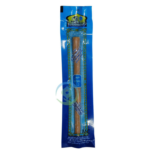 Packaged natural miswak stick in blue wrapper for oral hygiene.