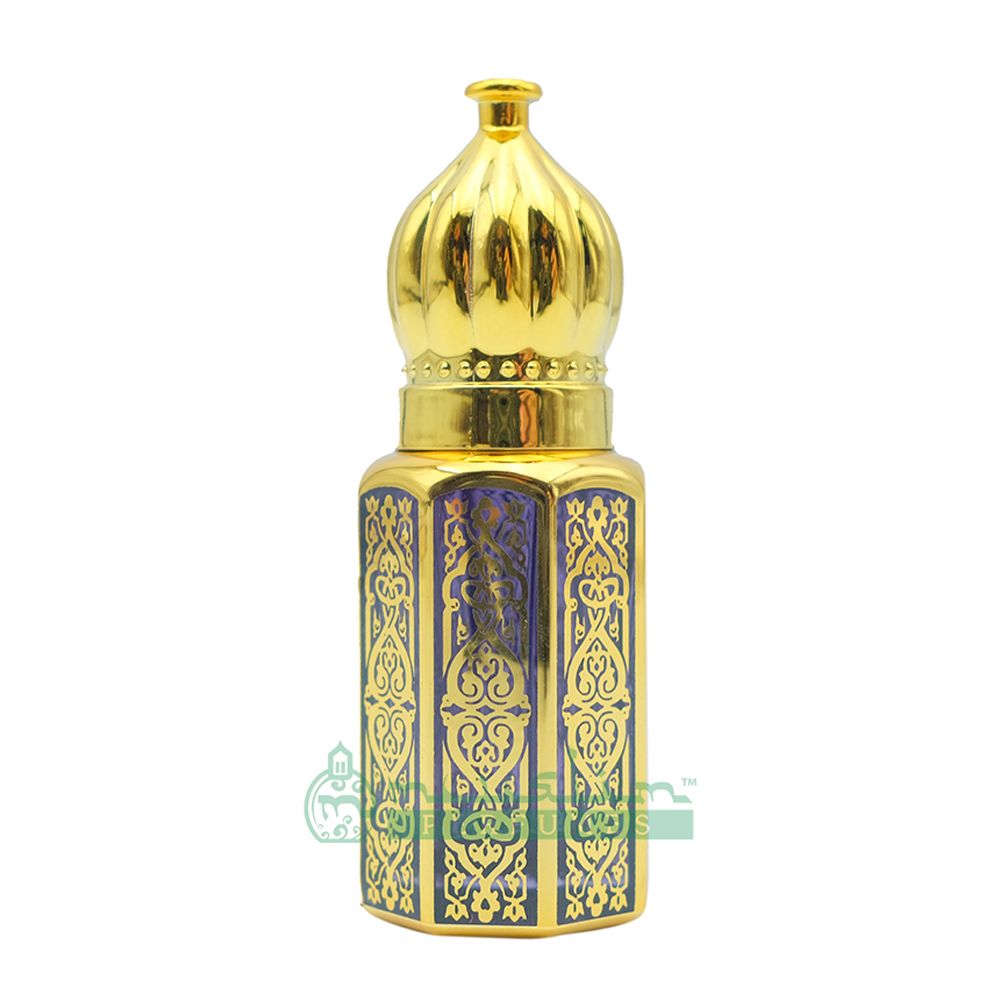Custom Oil in 6 ml Perfume Bottles | Gold Arabesque Jeweled Dome Design (Dark Blue, Blue Or Red)