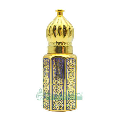Custom Oil in 6 ml Perfume Bottles | Gold Arabesque Jeweled Dome Design (Dark Blue, Blue Or Red)