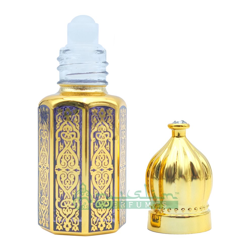 Custom Oil in 6 ml Perfume Bottles | Gold Arabesque Jeweled Dome Design (Dark Blue, Blue Or Red)