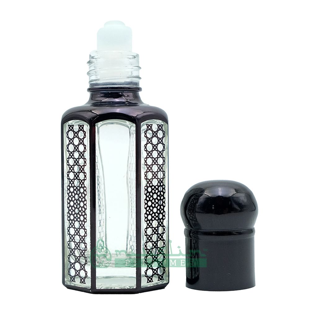 Custom Oil in 12 ml Black Glass Perfume Bottle – Arabesque Geometric Design Essential Oil Attar Roll-On